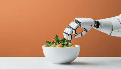 Robot chef preparing a gourmet meal in a hightech kitchen, robotic cooking, AI in food preparation