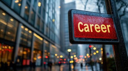 A wet and reflective city street scene with a prominent career sign in the foreground and blurred urban buildings in the background on a rainy day