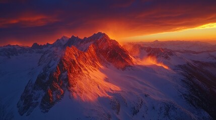 Naklejka premium Aerial view of majestic snowy mountain peaks illuminated by golden sunrise, deep shadows cast across the landscape, mist rising from the valleys
