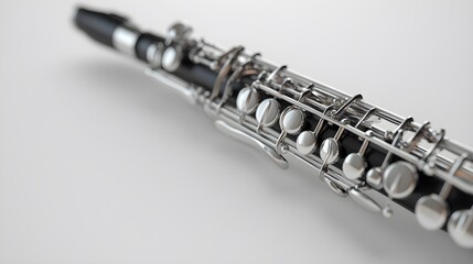 High-quality, realistic image of a clarinet, focusing on its reflective body and intricate key design
