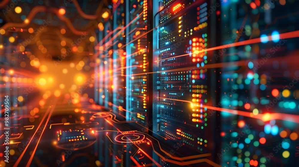 Poster a high-tech server room with multiple servers distributing a massive influx of traffic efficiently, 