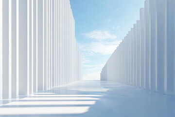 Fototapeta premium white background, blue, 3d background, architecture background, 3d building, creative, three-dimensional, corridor, outdoor, sunlight, clean, construction, backdrop, minimalist, 3d rendering, structur