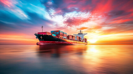 Majestic Cargo Container Ship Silhouetted at Sunset