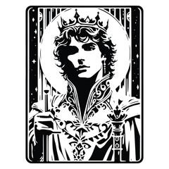 prince with tarot card in black and white illustrations, cutout graphic