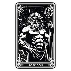 Poseidon greek god with tarot card in black and white illustrations, cutout graphic