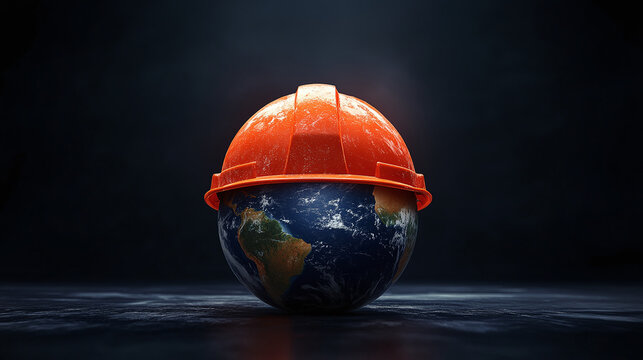 Symbol of safety and health at work: the planet Earth and the helmet. A safety and health concept for the World Day of Safety and Health at Work.