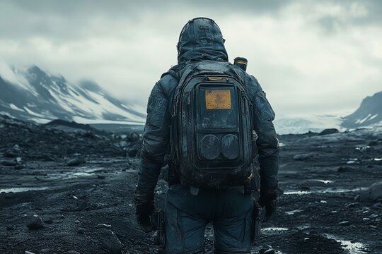 A lone survivor in a barren wasteland, carrying a backpack, surrounded by remnants of civilization. Generative AI