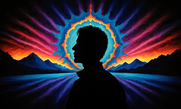 A colorful illustration of a man's silhouette against the background of the mental world, with an electromagnetic biofield emanating around him. Conceptual illustration