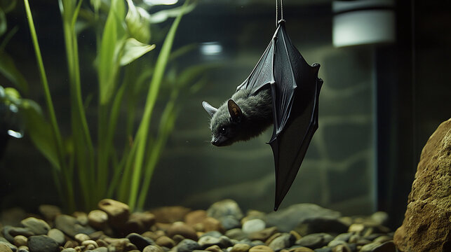 The bat is captive and is hanging from the brench in a terrarium