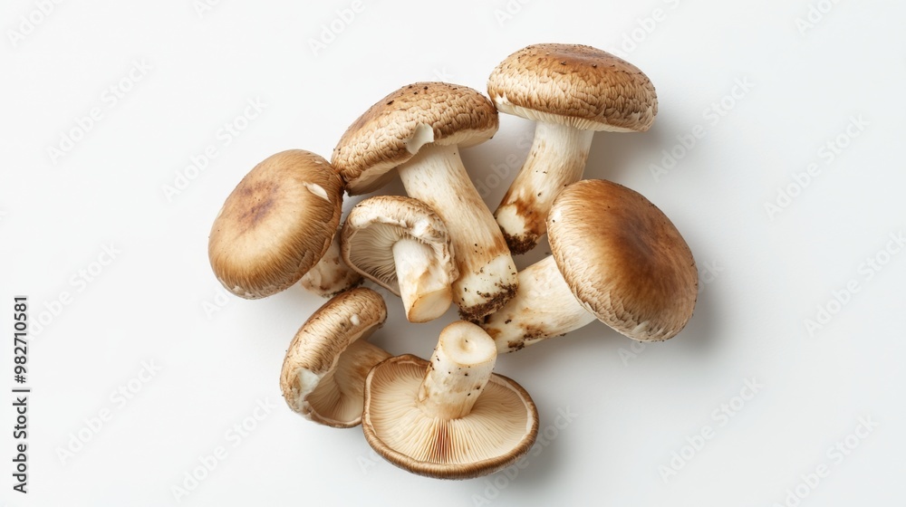 Leinwandbilder A bunch of shiitake mushrooms displayed on a minimalist white background, with soft shadows adding depth and dimension to their natural form.
