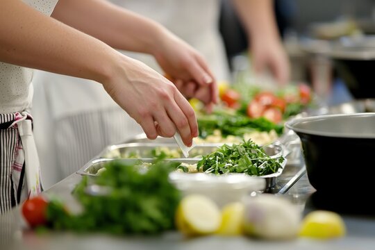 Hands preparing fresh ingredients in a kitchen for healthy cooking, showcasing vibrant vegetables and a culinary atmosphere.
