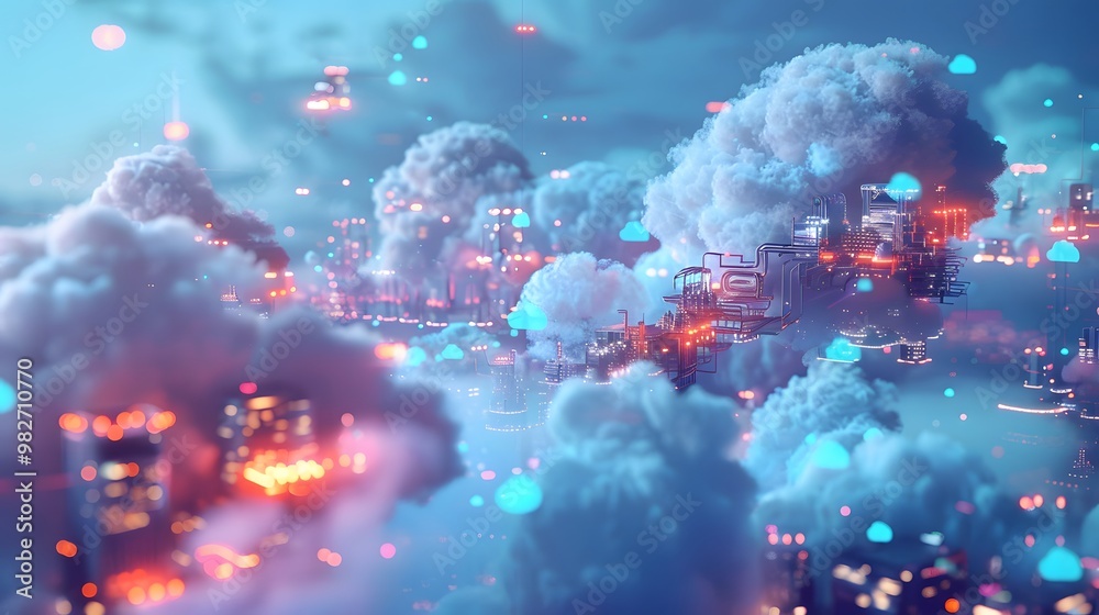 Poster a digital landscape featuring cloud-shaped structures with containerized microservices floating arou