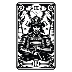 samurai male with tarot card in black and white illustrations, cutout graphic