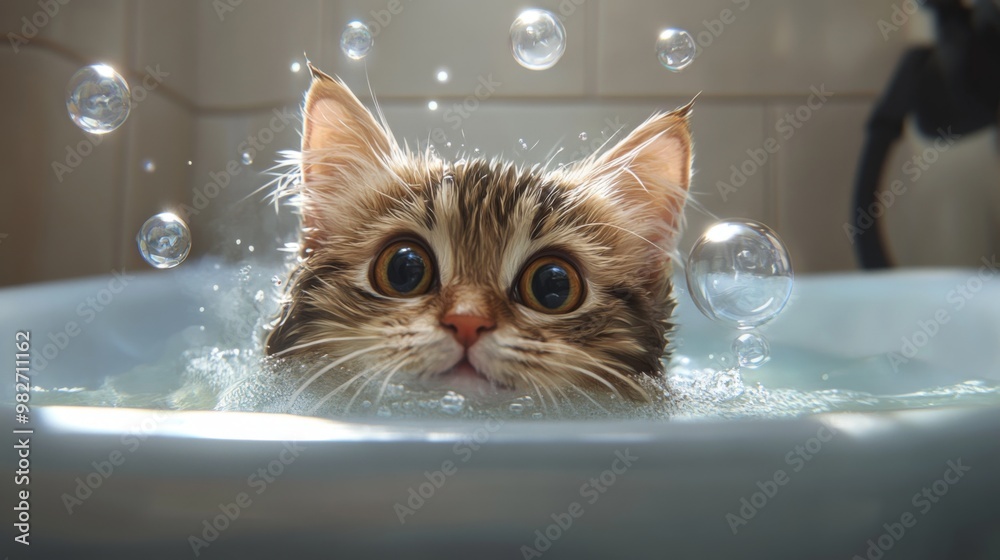 Poster A cat playfully chasing bubbles in a bathtub with a small amount of water, its wet fur and focused expression adding to its cuteness.