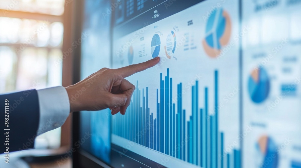 Fototapete a business professional pointing at a bar chart on a large screen in a conference room, emphasizing 