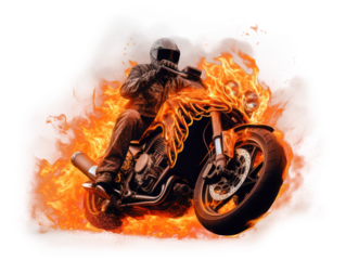 PNG photo of *Motorcycle sport* on Fire flame realistic, isolated on black background --ar 3:2