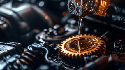 Car service concept. Metal gears in oil. Oil change in mechanisms, engines, motors