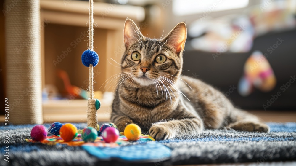 Poster a cat sitting on a plush rug, engaged with a colorful, interactive toy that has multiple features, s