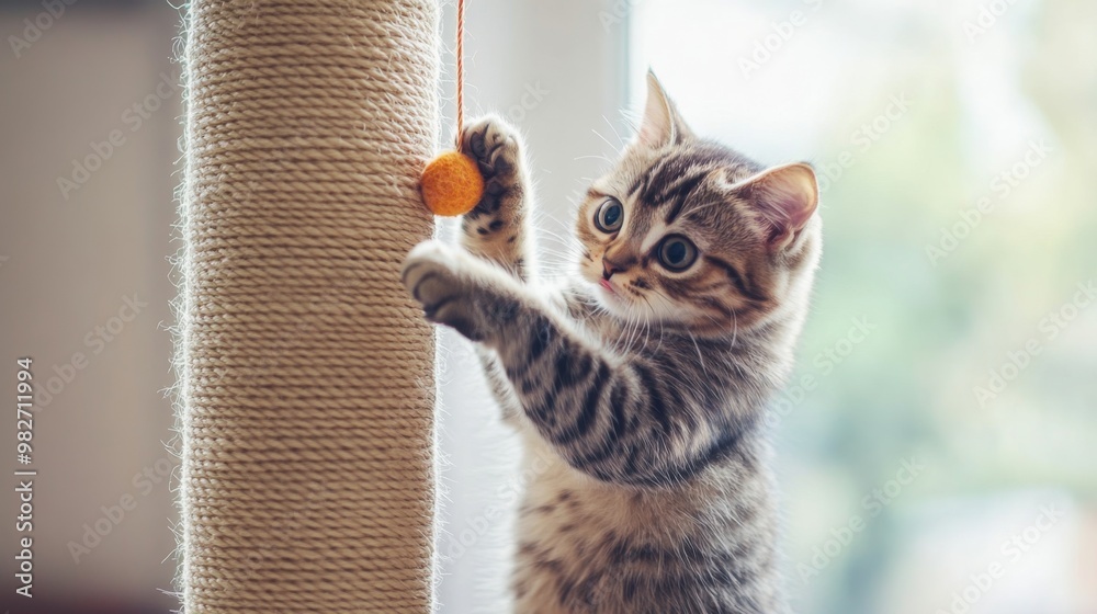 Poster a cat perched on a scratching post, playfully engaging with a dangling toy, with its tail and paws i