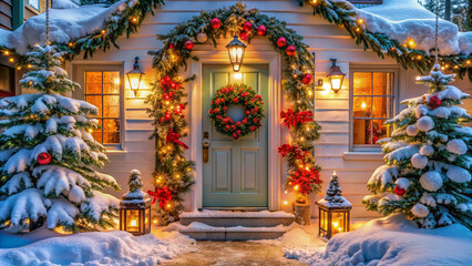 Fototapeta premium Vibrant winter wonderland scene with festive garland, twinkling lights, and a beautiful wreath adorning a welcoming front door, ready for the holiday season.