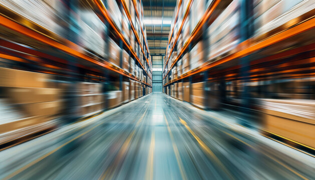 Vue dynamique et conceptuelle de l'int&eacute;rieur d'un entrepot logistique ou d'une plateforme de stockage