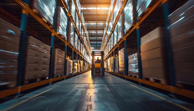 Vue dynamique et conceptuelle de l'int&eacute;rieur d'un entrepot logistique ou d'une plateforme de stockage
