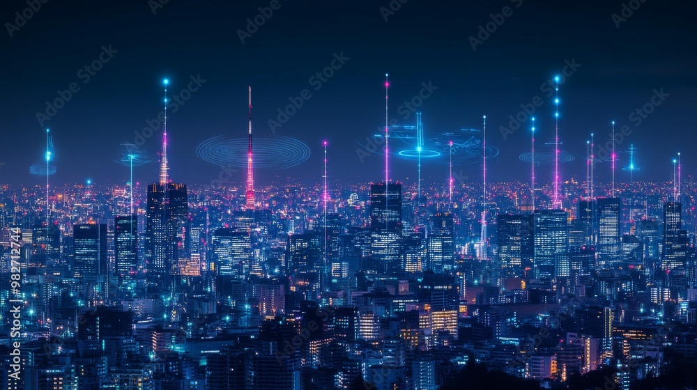 Poster a cityscape at night with visible wireless communication towers and signals, highlighting urban conn