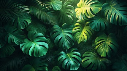 A background featuring lush tropical leaves, palm fronds, and exotic plants. Generative AI