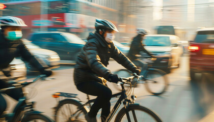 Fototapeta premium Cycliste en vélo dans un air pollué qui roulent sur la route dans le trafic et les embouteillages