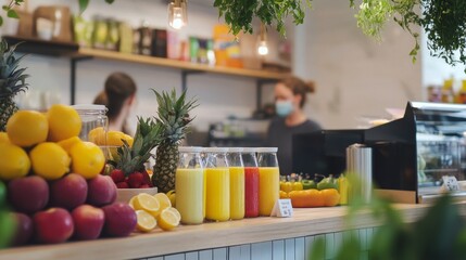 Pop-up juice bar with fresh fruit juices and smoothies displayed, bright and lively setup with friendly staff serving health-conscious customers