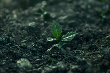 Young plant springing up out of the soil. The plant is small and has a lot of leaves. food security banner
