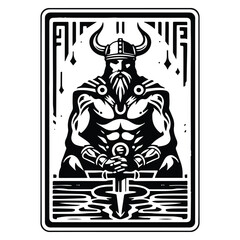viking male with tarot card in black and white illustrations, cutout graphic