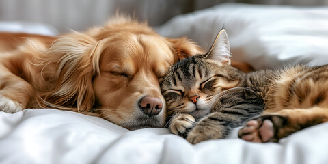 cute cat and dog sleeping together; golden retriver & grey cat friends; widescreen backdrop