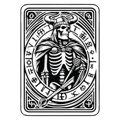 viking skeleton with tarot card in black and white illustrations, cutout graphic