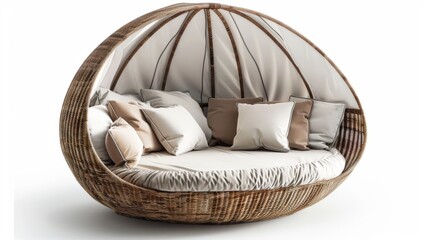 outdoor daybed with a woven rattan base and a soft white canopy