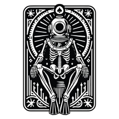 vintage diving suit skeleton with tarot card decoration in black and white illustrations, cutout graphic