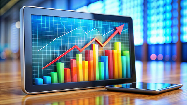 Colorful business graph and chart on modern digital tablet screen displaying increasing sales and profits with rising arrow and financial data in background.