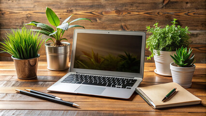 A modern laptop and notebook on a wooden desk with a blank registration form and a pen, surrounded by plants, symbolizing online learning and education.