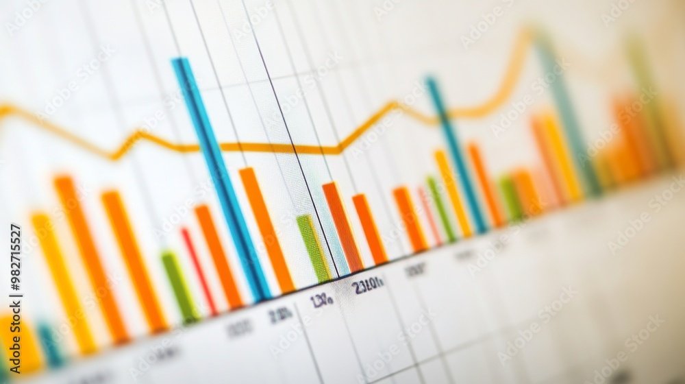 Poster A close-up of a financial chart showing upward trends with colorful line graphs and bar charts, set against a white background.