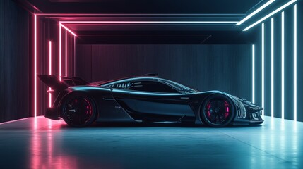Black Sports Car in Neon Garage.