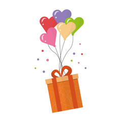 vector of gifts flying with lots of love balloons. Colorful flat design