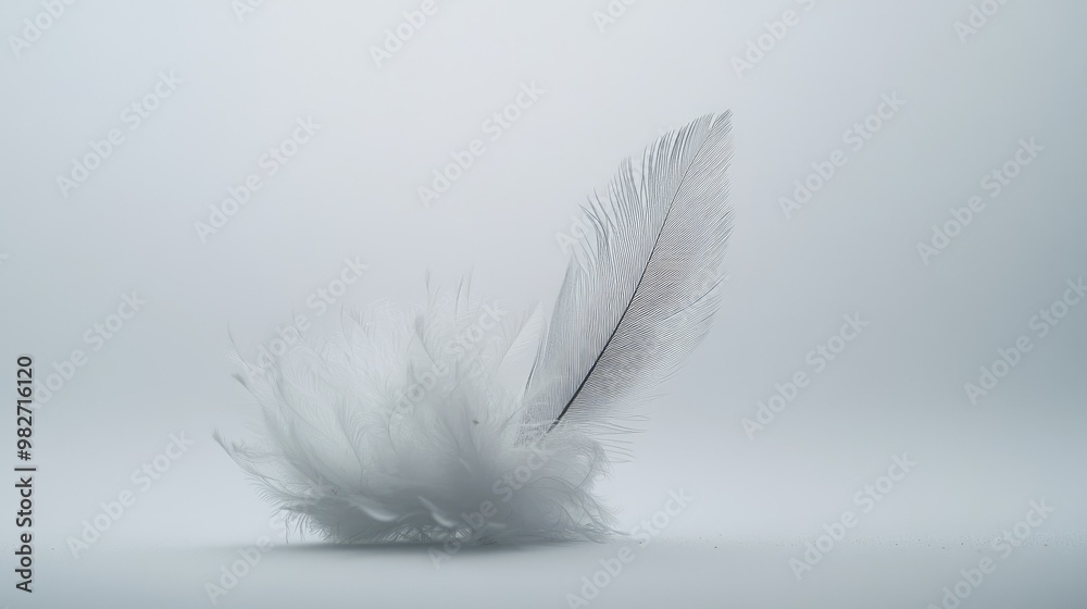 Wall mural A single fluffy white feather falling in slow motion, its details captured against a clean, minimalist white background.