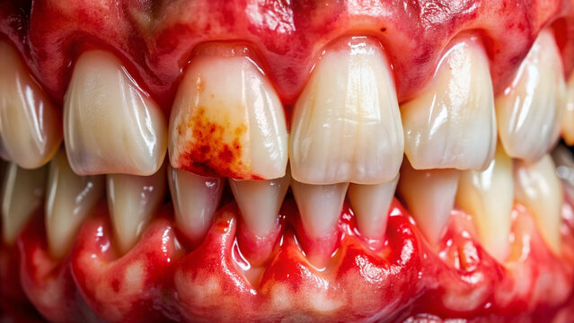 Close-up of inflamed and painful gums, red and swollen around the base of the teeth, with a subtle shine and slight bleeding.