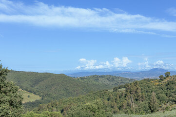 Naklejka premium Scenic landscape of central Umbria in Perugia showcasing rolling hills and blue skies during a sunny day