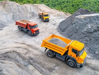 Colorful dump trucks transporting gravel in a construction site surrounded by greenery, showcasing industrial work in progress.