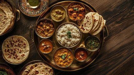 A family style spread of Indian dishes featuring dal, rice, and various curries, served on decorative platter. vibrant colors and rich textures create warm and inviting atmosphere