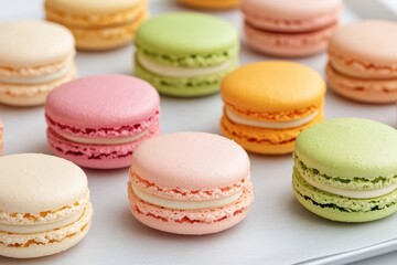 Obraz premium Colorful macarons arranged on a platter, showcasing a variety of flavors and delicate textures perfect for desserts and celebrations.
