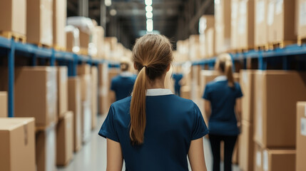 Fototapeta premium A group of staff members wearing uniforms walks through warehouse filled with cardboard boxes, showcasing teamwork and organization in busy environment