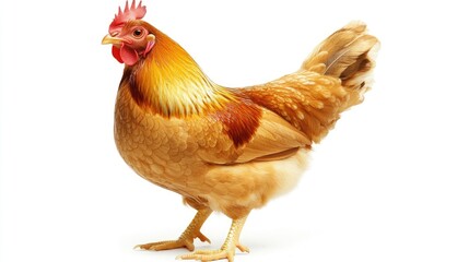 Fototapeta premium Elegant golden chicken with radiant feathers, standing gracefully on a simple white background, showcasing its delicate beauty