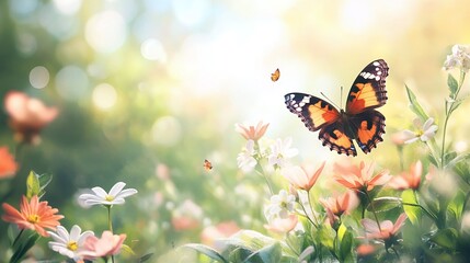 Obraz premium vibrant spring flower with a butterfly resting on it in front of an abstract nature background highlighting the beauty of the season